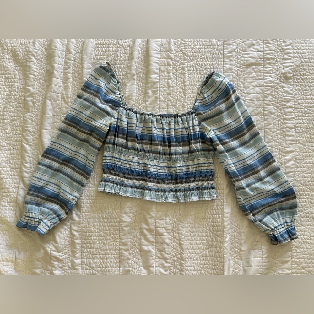 100% cotton Grade & Gather long sleeve striped cropped blouse